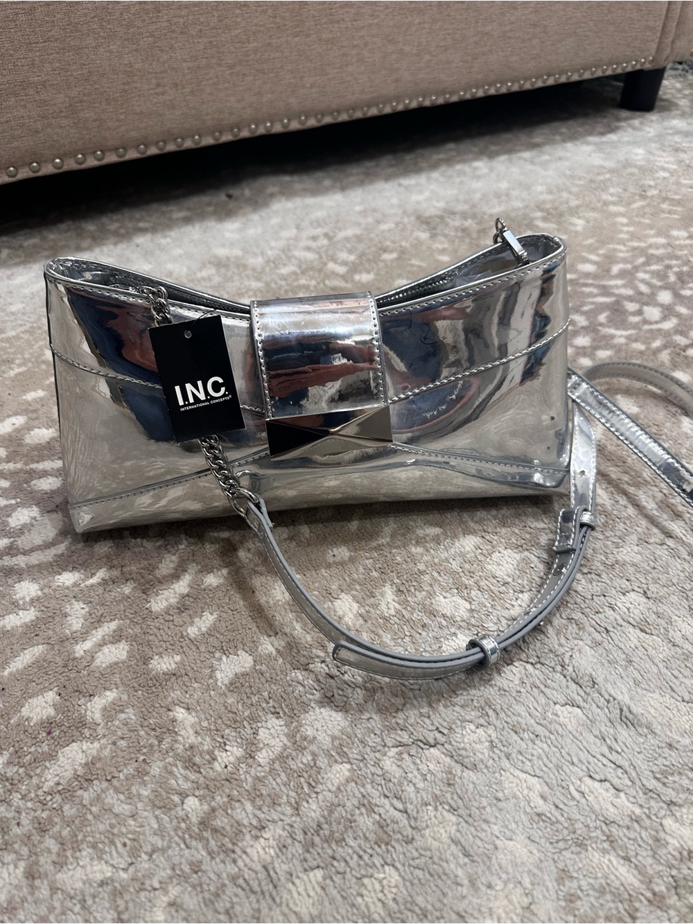 INC International Concepts Silver Metallic Bow-Front Wristlet Crossbody